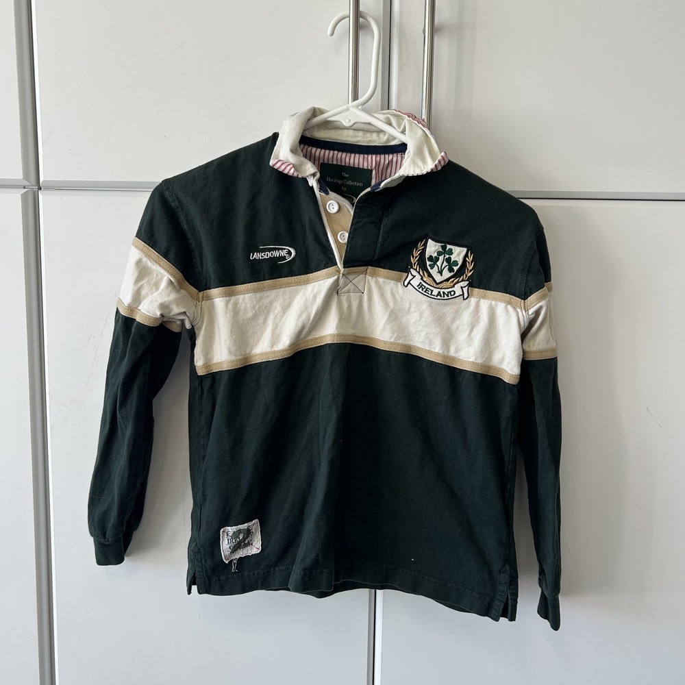 Lansdowne Ireland Kids Rugby Shirt Green Cream Long Sleeve Polo Size 9/10